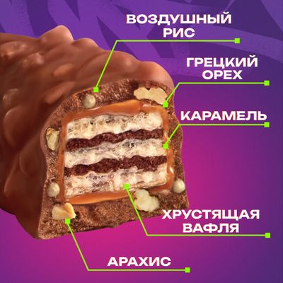 Батончик PICNIC Грецкий Орех конфета с грецким орехом и арахисом начинкой из мягкой карамели вафель и воздушного риса покрытая молочным шоколадом, 52г