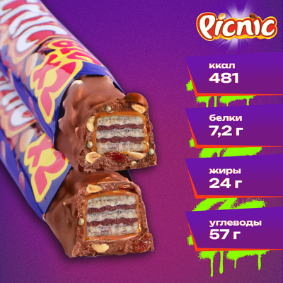 Батончик PICNIC Big Picnic конфета с арахисом и изюмом начинкой из мягкой карамели вафель и воздушного риса покрытая молочным шоколадом, 76г