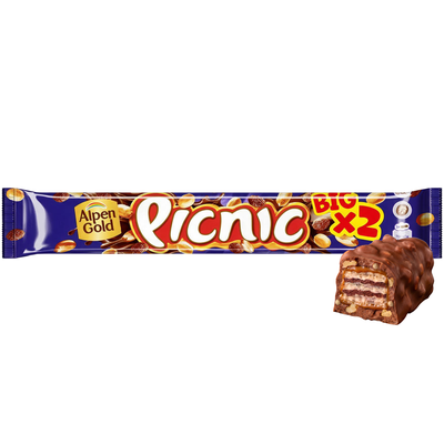 Батончик PICNIC Big Picnic конфета с арахисом и изюмом начинкой из мягкой карамели вафель и воздушного риса покрытая молочным шоколадом, 76г