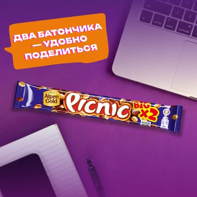 Батончик PICNIC Big Picnic конфета с арахисом и изюмом начинкой из мягкой карамели вафель и воздушного риса покрытая молочным шоколадом, 76г