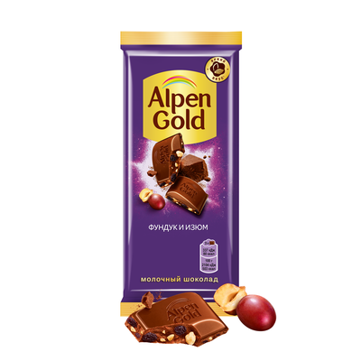 Шоколад молочный Alpen Gold Альпен Гольд с фундуком и изюмом, 80г