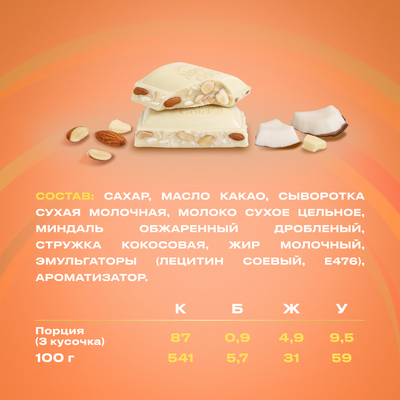 Шоколад белый Alpen Gold Альпен Гольд с миндалем и кокосовой стружкой, 80г