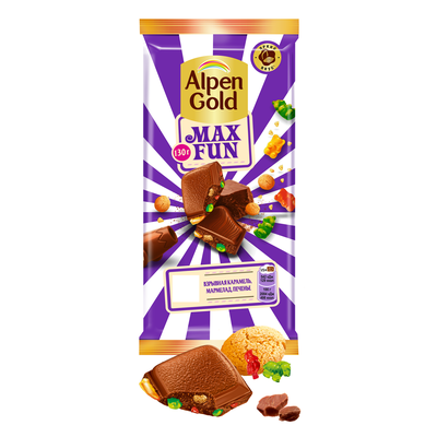 Шоколад молочный Alpen Gold Альпен Гольд Максфан со взрывной карамелью, мармеладом и печеньем, 140г