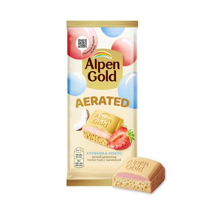 ШОКОЛАД БЕЛЫЙ ПОРИСТЫЙ "АЛЬПЕН ГОЛЬД" "AERATED (ПОРИСТЫЙ)" С КЛУБНИЧНО-КОКОСОВОЙ НАЧИНКОЙ 14x75 г
