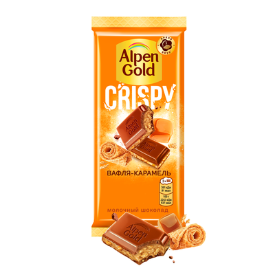 ШОКОЛАД МОЛОЧНЫЙ "АЛЬПЕН ГОЛЬД" CRISPY (ХРУСТЯЩИЙ) С НАЧИНКОЙ СО ВКУСОМ КАРАМЕЛИ И ВАФЕЛЬНОЙ КРОШКОЙ В КАРАМЕЛИ 19х85 г