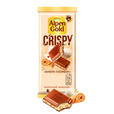 ШОКОЛАД МОЛОЧНЫЙ "АЛЬПЕН ГОЛЬД" CRISPY (ХРУСТЯЩИЙ) С НАЧИНКОЙ СО ВКУСОМ ПЛОМБИРА И ВАФЕЛЬНОЙ КРОШКОЙ В КАРАМЕЛИ 19х85 г