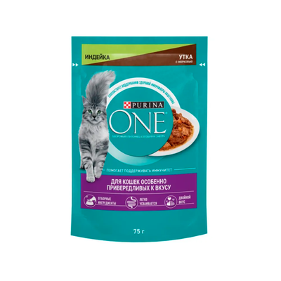 Консервы Purina One для привередливых кошек с индейкой, уткой и морковью 75г