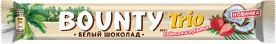 Шоколадный батончик Bounty Trio Райская клубника в белом шоколаде с нежной мякотью кокоса со вкусом клубники, 78 г